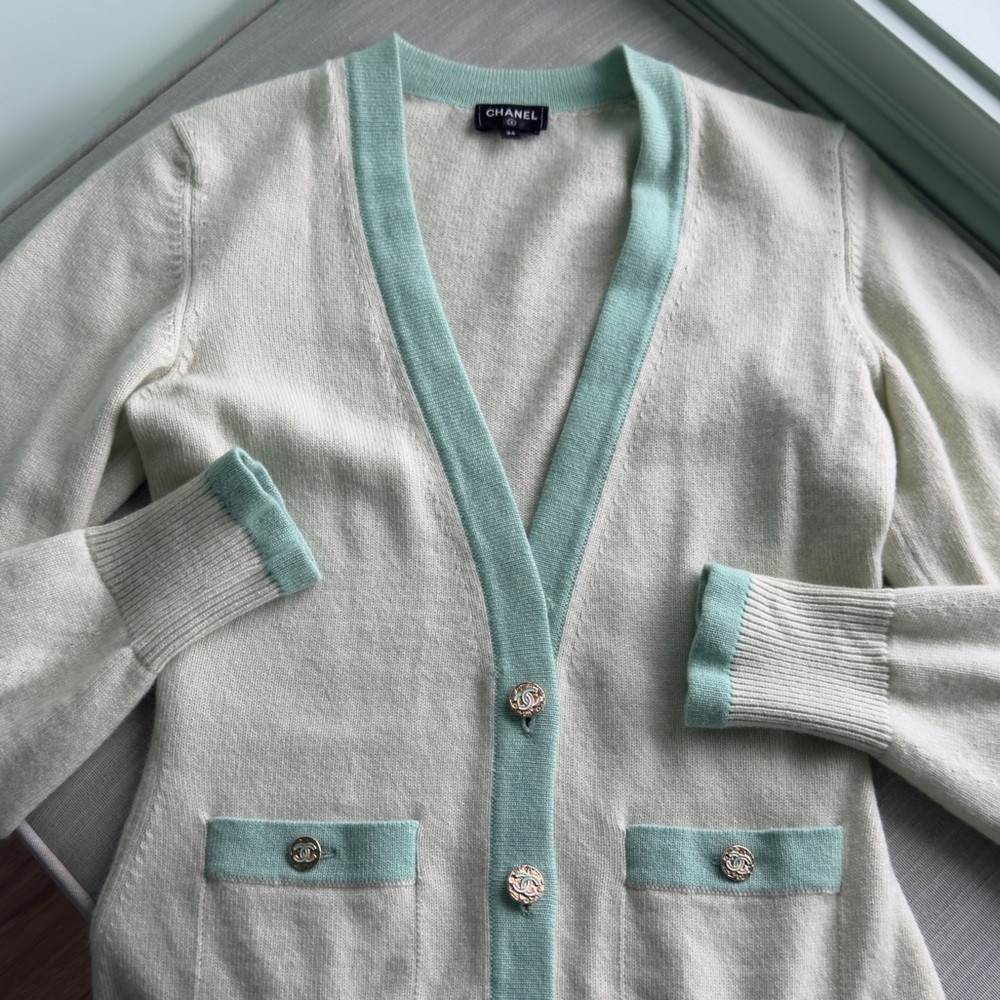 CHANEL Women's Cardigan in Cream and Mint Green